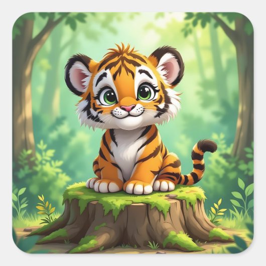 Baby Tiger | Cute Cartoon Kid's Nursery Art スクエアシール (正面)