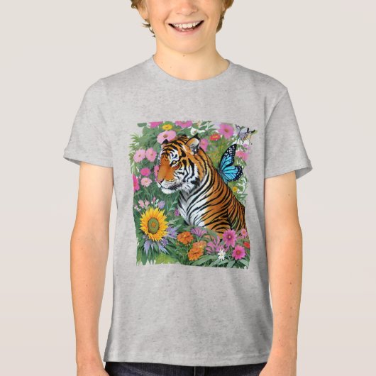 Baby Tiger With Blue Butterfly And Flowers トライブレンドＴシャツ (正面)