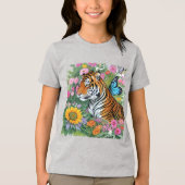 Baby Tiger With Blue Butterfly And Flowers トライブレンドＴシャツ (正面)