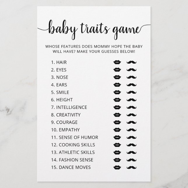 Baby traits game Baby Shower party Game card (正面)