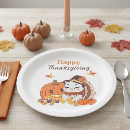 Baby Turkey And Pumpkin Celebrating Thanksgiving  ペーパープレート