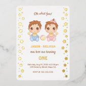 Baby Twins Boy Girl First Birthday 箔招待状 (正面)