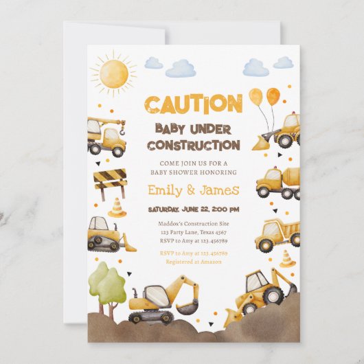 Baby Under Construction Trucks Baby Couples Shower 招待状 (正面)