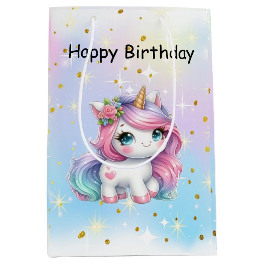 Baby Unicorn Birthday Bag ミディアムペーパーバッグ (正面)