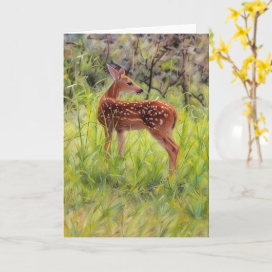 Baby Wild Deer Fawn Art Nature Note Card カード (黄色い花)