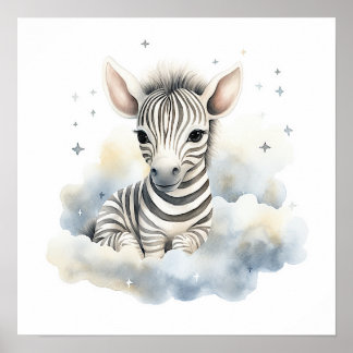 Baby zebra on clouds poster for nursery room ポスター