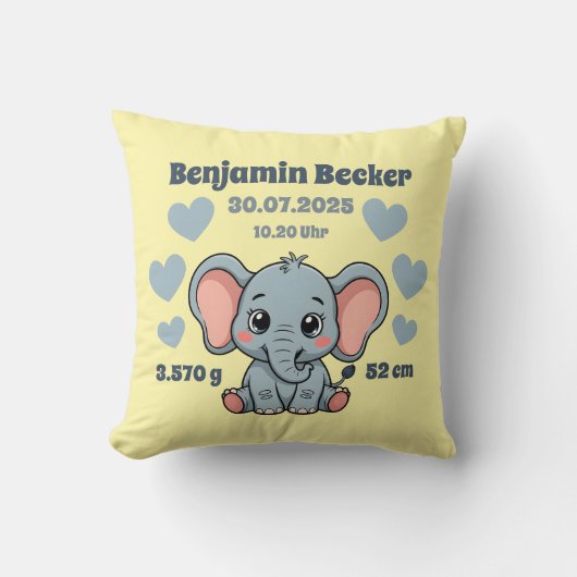 Babykissen zur Geburt - Elefant - personalisierbar クッション (正面)