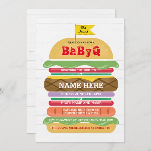 BaByQ BBQベビーシャワーツインズカップルのシャワー招待状 招待状 (正面/裏面)