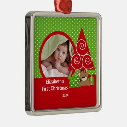 Babysの初めてのクリスマスのオーナメントくまの女の子の写真 メタルオーナメント (右)