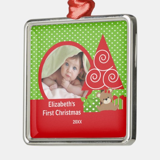 Babysの初めてのクリスマスのオーナメントくまの女の子の写真 メタルオーナメント (左)
