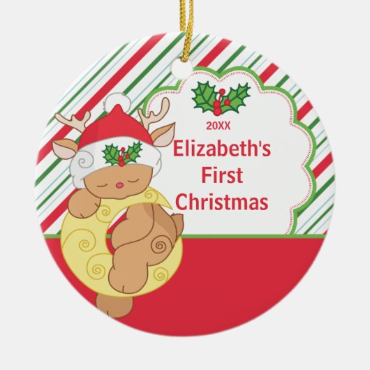 Babysの初めてのクリスマスのオーナメントのトナカイのシカ セラミックオーナメント (正面)