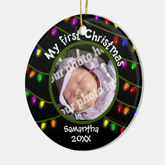 Babysの初めてのクリスマスのカスタムな写真のおもしろいのクリスマスライト セラミックオーナメント (左)