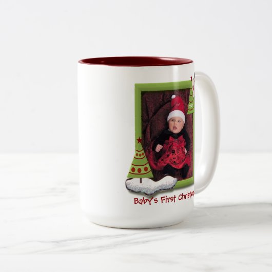 Babysの初めてのクリスマスのカスタムの日付がついた写真 ツートーンマグカップ (正面右)