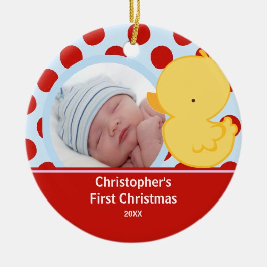 Babysの初めてのクリスマスの写真のオーナメントのアヒルの男の子 セラミックオーナメント (正面)