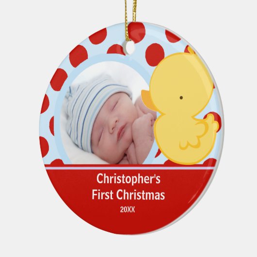 Babysの初めてのクリスマスの写真のオーナメントのアヒルの男の子 セラミックオーナメント (左)