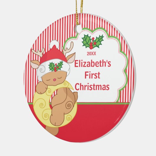 Babysの初めてのクリスマスの写真のオーナメントのシカ セラミックオーナメント (左)