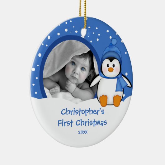 Babysの初めてのクリスマスの写真のオーナメントのペンギン セラミックオーナメント (右)