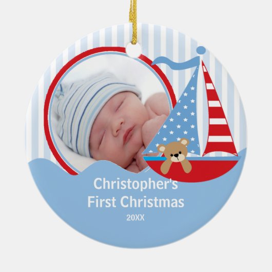 Babysの初めてのクリスマスの写真のオーナメントのヨット セラミックオーナメント (裏面)