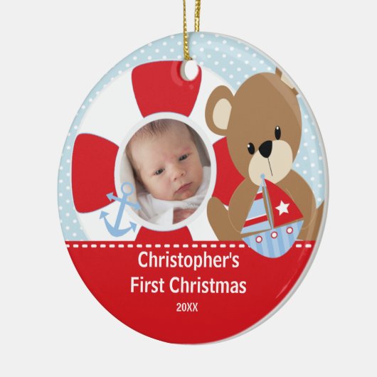 Babysの初めてのクリスマスの写真のオーナメントのヨット セラミックオーナメント (左)