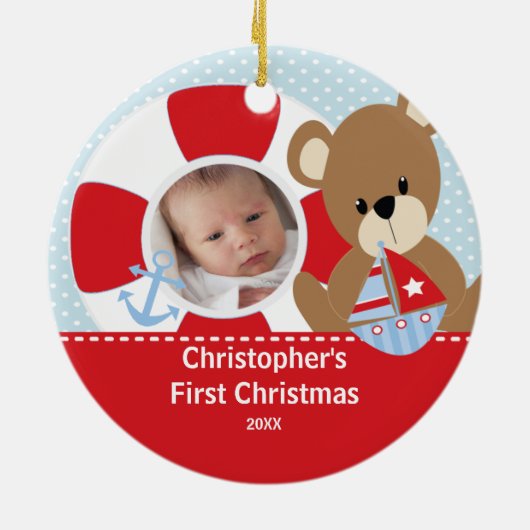 Babysの初めてのクリスマスの写真のオーナメントのヨット セラミックオーナメント (裏面)