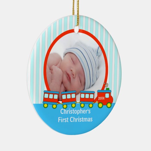 Babysの初めてのクリスマスの写真のオーナメントの列車 セラミックオーナメント (右)