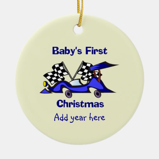 Babysの初めてのクリスマスRacecar セラミックオーナメント (正面)
