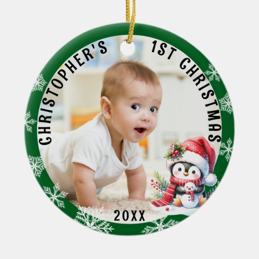 Babys初めてのクリスマスかわいいペンギンの写真 セラミックオーナメント (正面)