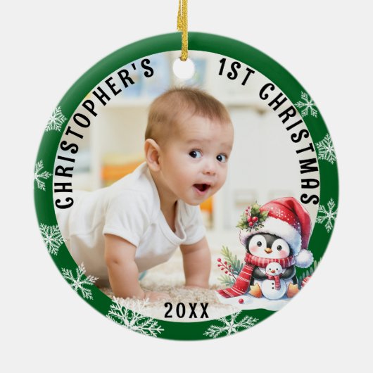 Babys初めてのクリスマスかわいいペンギンの写真 セラミックオーナメント (裏面)