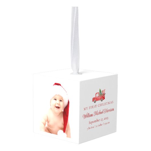 Babys初めてのクリスマスかわいい写真誕生の統計 キューブオーナメント (裏面アングル)