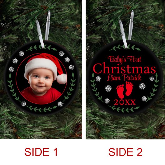 Babys初めてのクリスマスフォトスノーフレーク&ローレル セラミックオーナメント