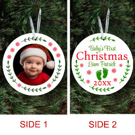 Babys初めてのクリスマスフォトレッドスノーフレーク&ローレル セラミックオーナメント