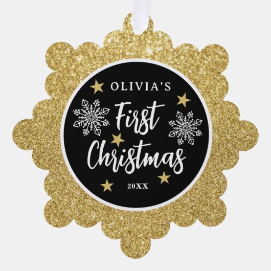 Babys初めてのクリスマスフォト金ゴールドグリッター オーナメントカード (正面)