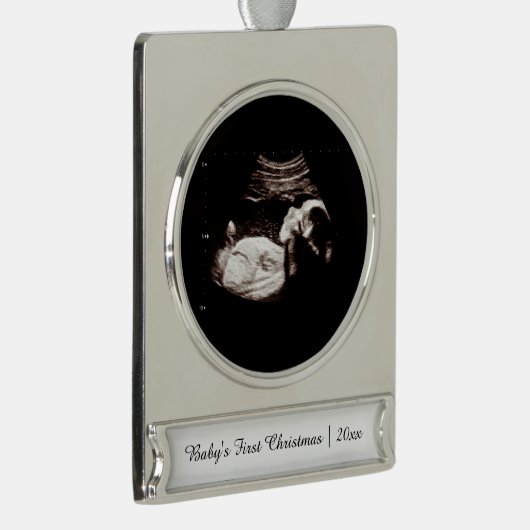 Babys初めてのクリスマス妊娠超音波写真 シルバープレートバナーオーナメント (右)