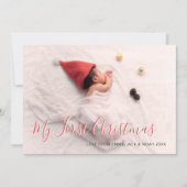 Babys初めてのクリスマス赤いスクリプトファミリー写真 シーズンカード (正面)