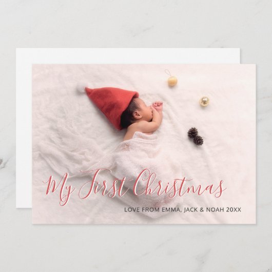 Babys初めてのクリスマス赤いスクリプトファミリー写真 シーズンカード (正面/裏面)