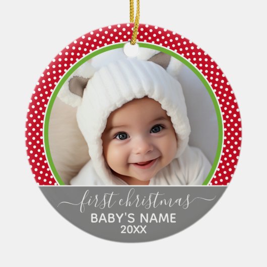 Babys初めてのクリスマス-水玉模様写真 セラミックオーナメント (正面)