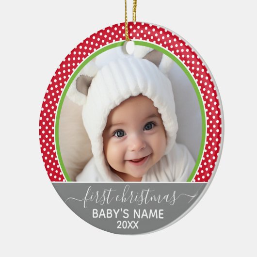 Babys初めてのクリスマス-水玉模様写真 セラミックオーナメント (左)