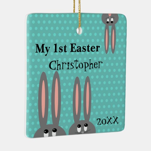 Babys最初イースターのウサギのパーソナライズなティール（緑がかった色）の青 セラミックオーナメント (右)