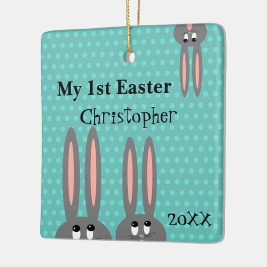 Babys最初イースターのウサギのパーソナライズなティール（緑がかった色）の青 セラミックオーナメント (左)