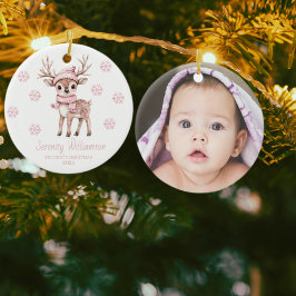 Babys 1st Christmas Photo Pink Snowflakes Woodland セラミックオーナメント