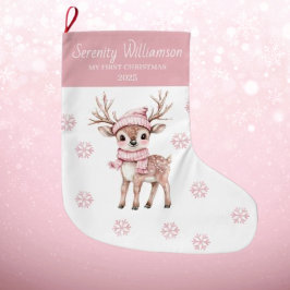Babys 1st Christmas Pink Snowflakes Deer Woodland  ラージクリスマスストッキング