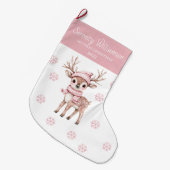 Babys 1st Christmas Pink Snowflakes Deer Woodland  ラージクリスマスストッキング (正面 (吊り時))