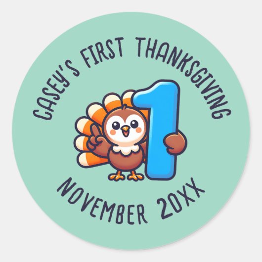 Baby's 1st Thanksgiving Custom Name & Year Turkey ラウンドシール (正面)