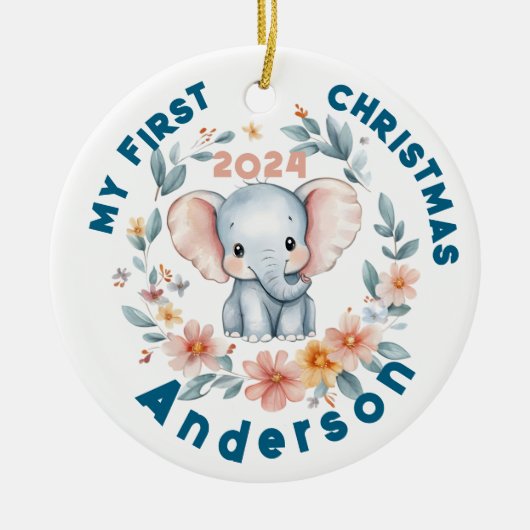 Baby's Boy First Christmas Cute Elephant セラミックオーナメント (正面)