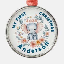 Baby's Boy First Christmas Cute Elephant  メタルオーナメント