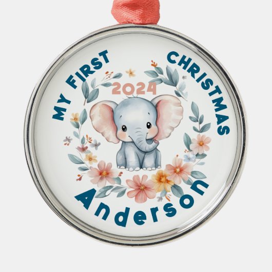 Baby's Boy First Christmas Cute Elephant  メタルオーナメント (正面)