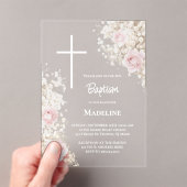 Baby's Breath and pink roses Baptism アクリル招待状 (インサイチュ (ポータブル))