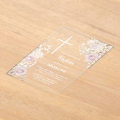 Baby's Breath and pink roses Baptism アクリル招待状 (レイダウン)