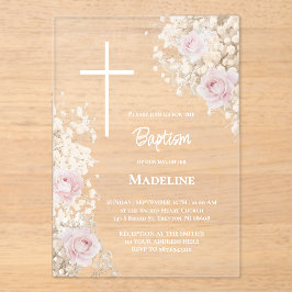 Baby's Breath and pink roses Baptism アクリル招待状