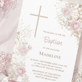 Baby's Breath and pink roses Baptism 招待状